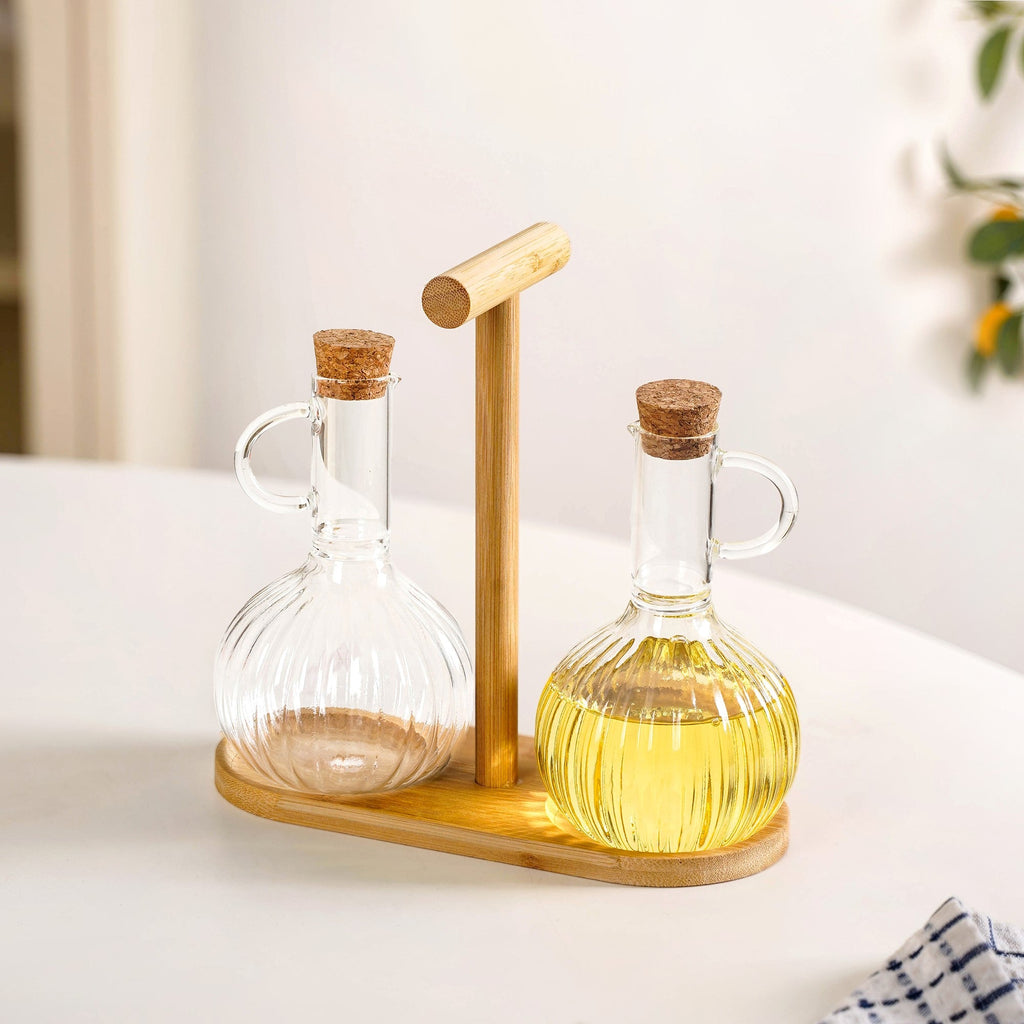 Borosilicate Glass Oil Vinegar Bottle With Stand Set Of 3 300ml