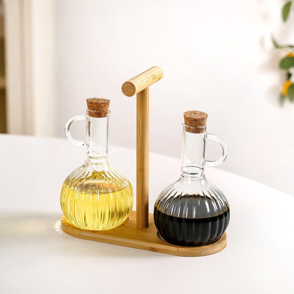 Borosilicate Glass Oil Vinegar Bottle With Stand Set Of 3 300ml