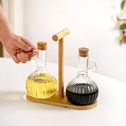 Borosilicate Glass Oil Vinegar Bottle With Stand Set Of 3 300ml