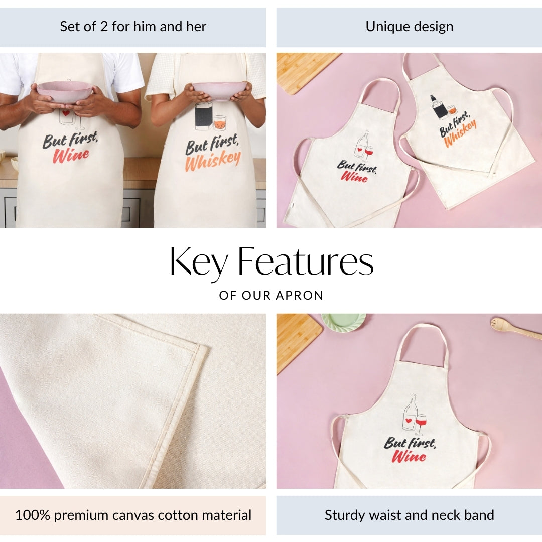 But First Whiskey And Wine Couple Apron Set Of 2