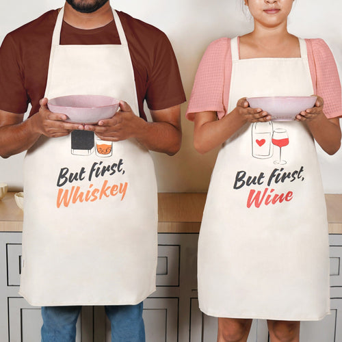 But First Whiskey And Wine Couple Apron Set Of 2
