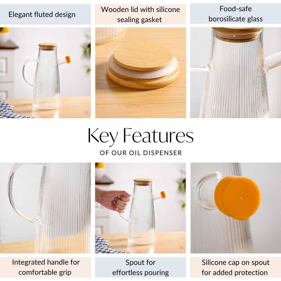 Fluted Cooking Oil Dispenser Bottle With Wooden Lid 1000ml