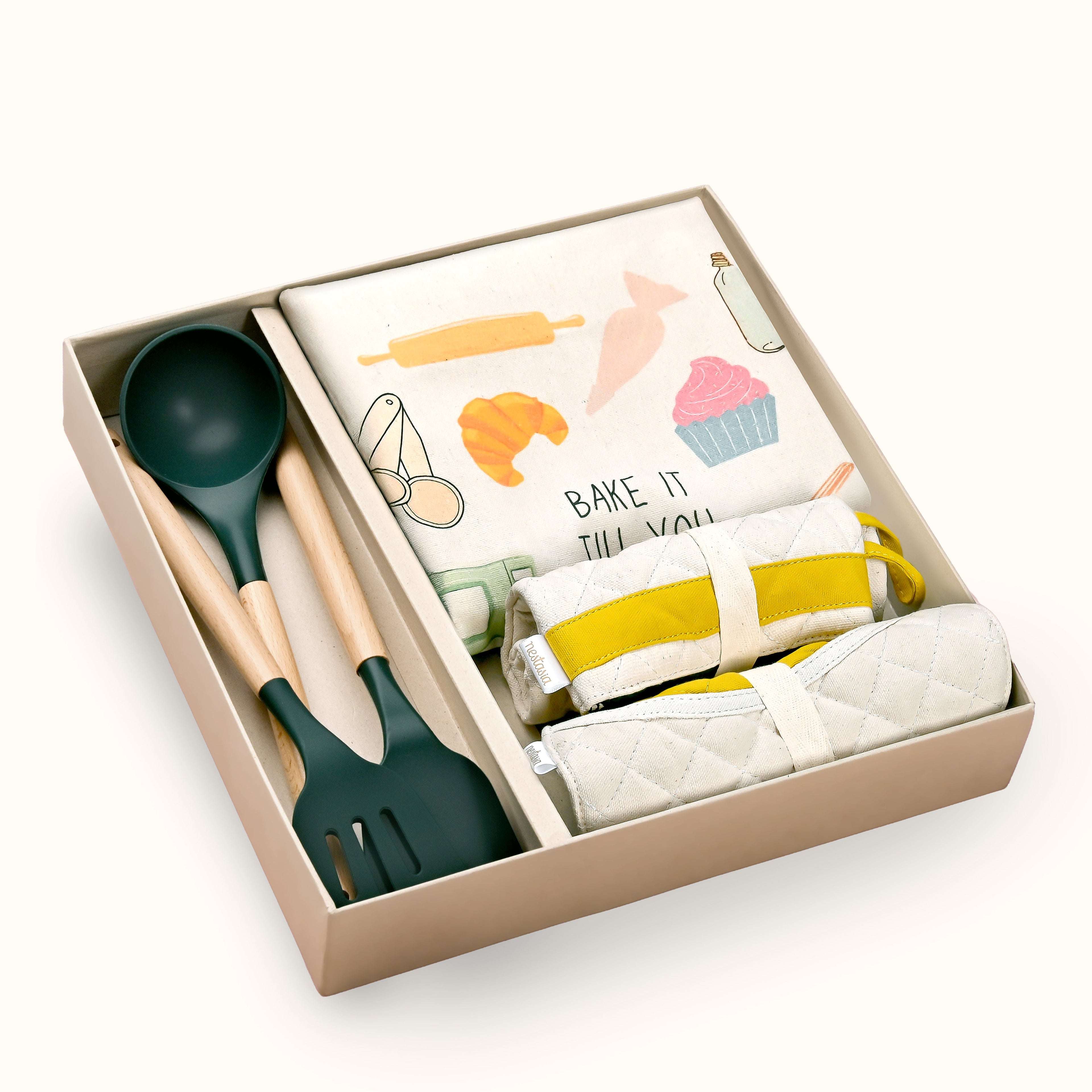 Gourmet Kitchen Gift Hamper With Apron Trivet Mitten And Spatula