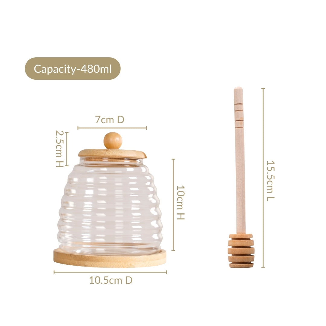 Hive Glass Honey Jar With Wooden Dipper Lid And Tray 480ml