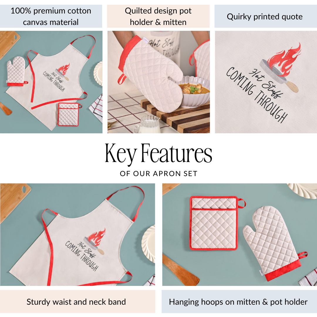 Hot Stuff Apron Mitten Pot Holder Set Of 3