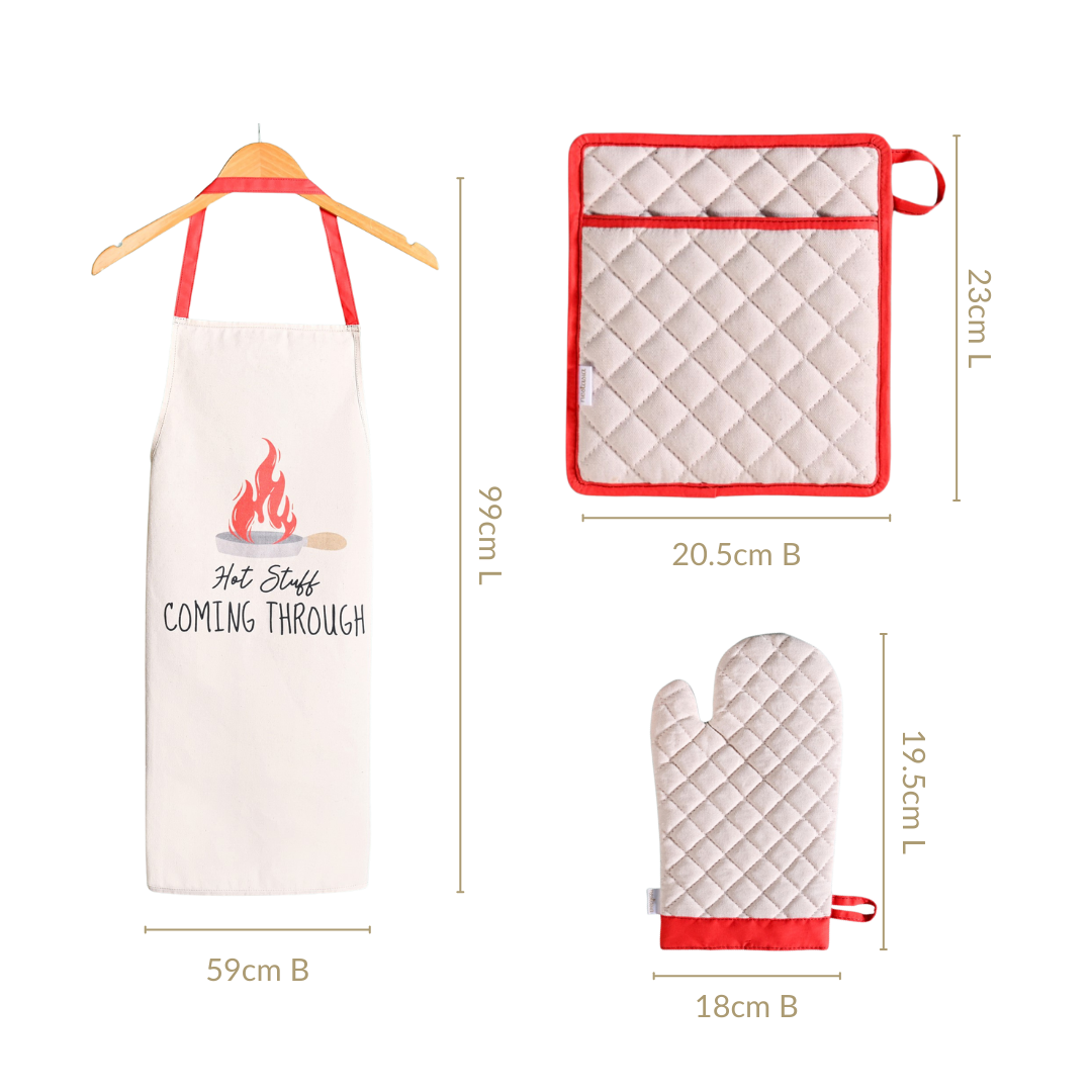 Hot Stuff Apron Mitten Pot Holder Set Of 3
