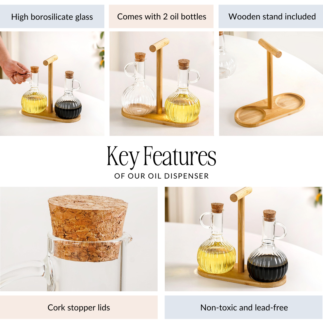 Borosilicate Glass Oil Vinegar Bottle With Stand Set Of 3 300ml