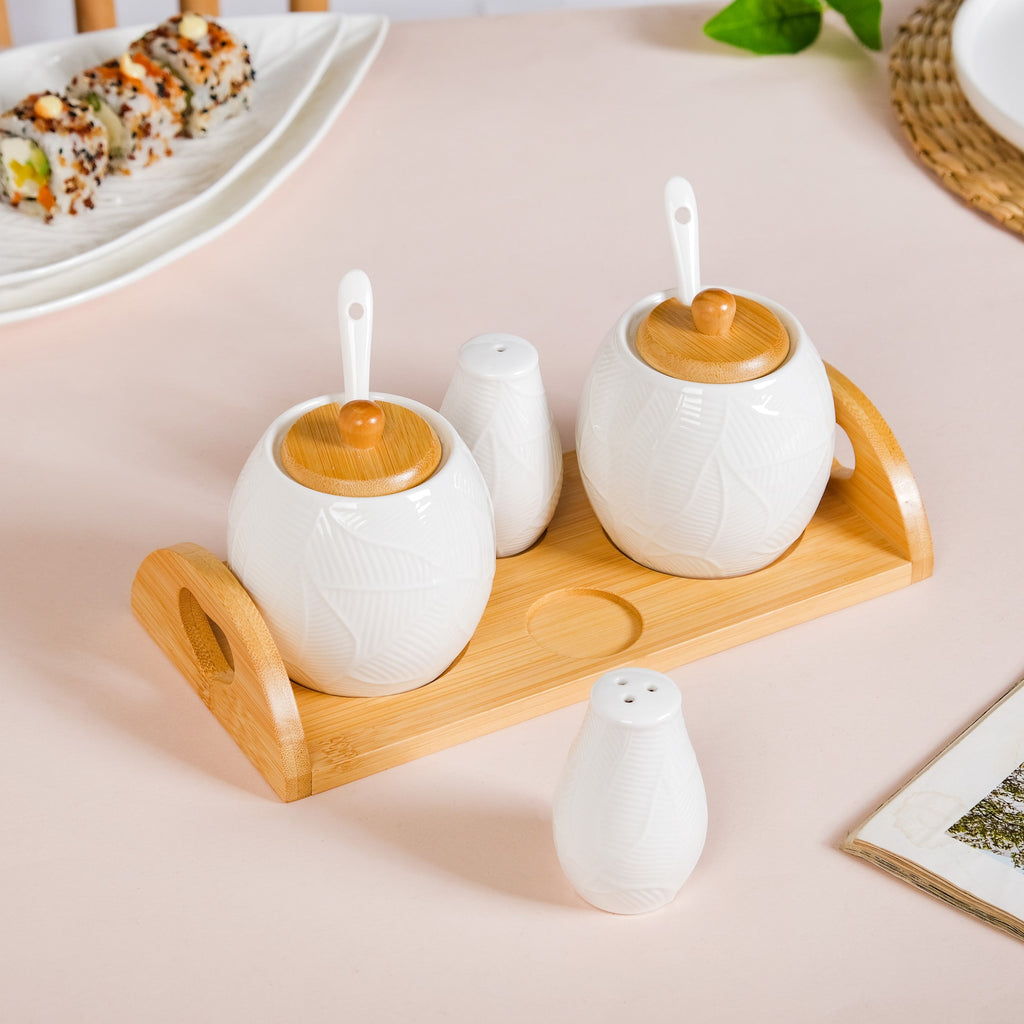 Ceramic Jar And Salt Pepper Shaker Set Of 4 With Tray