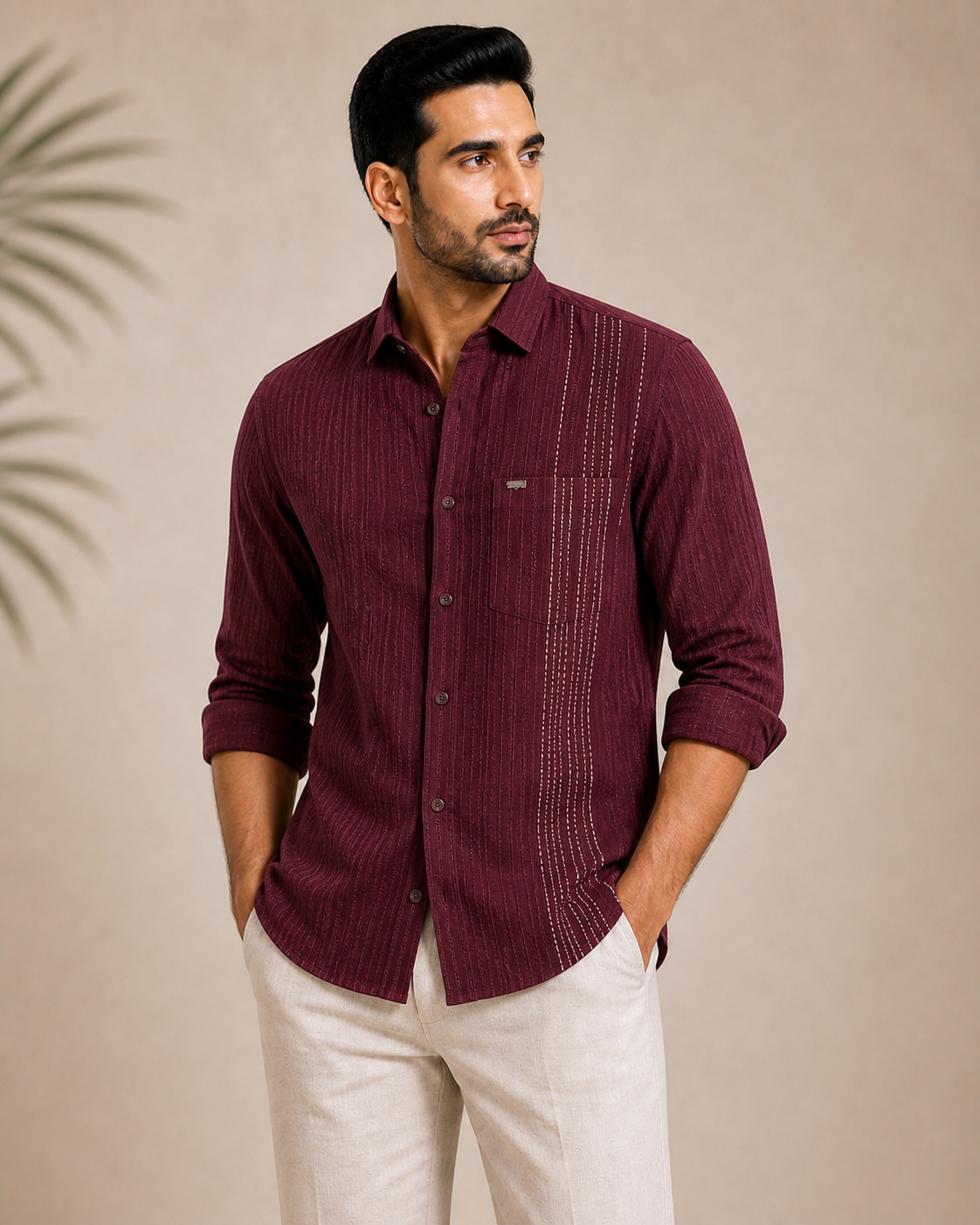 Men’s Maroon Textured Linen Shirt
