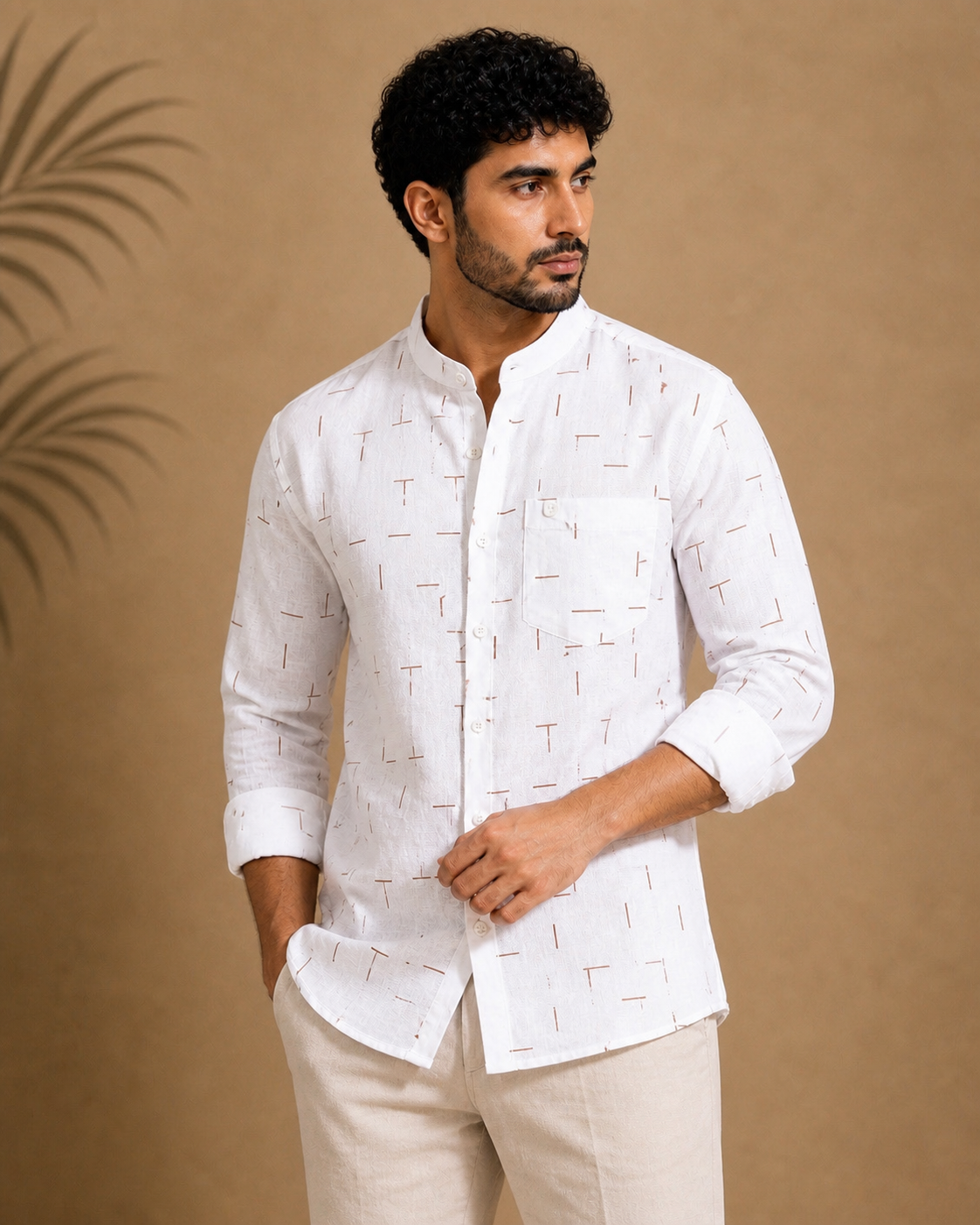 Men’s White Printed Linen Mandarin Collar Shirt