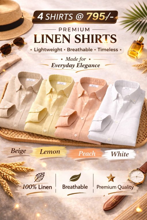 Combo Set 3 Linen Shirts Combo Pack (4 Shirts)
